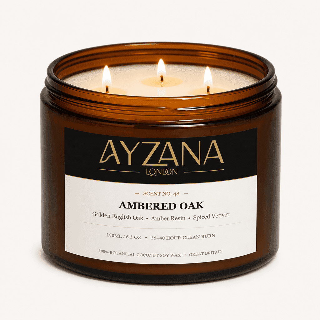 NO. 48 Ambered Oak Luxury 500ml 3-Wick Amber Candle Bowl - AYZANA London