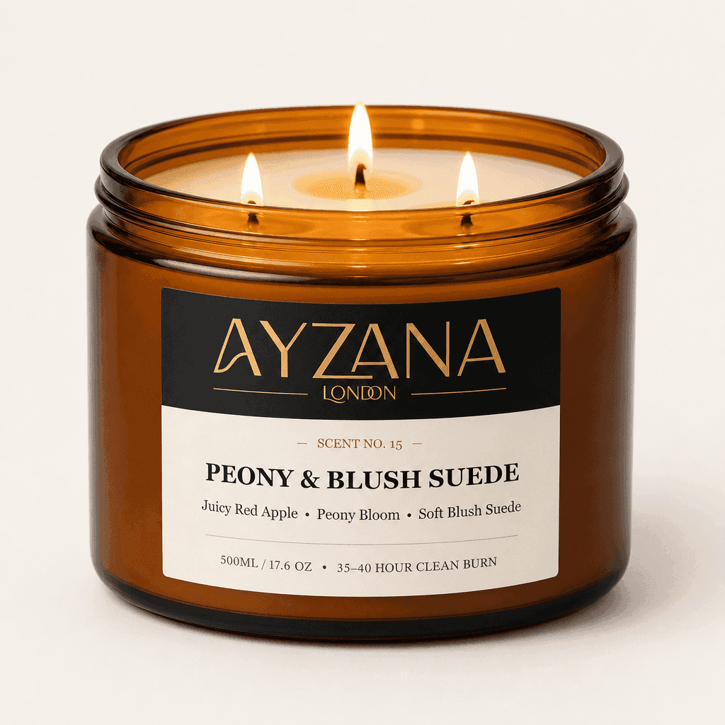 NO. 15 Peony & Blush Suede Luxury 500ml 3-Wick Amber Candle Bowl - AYZANA London