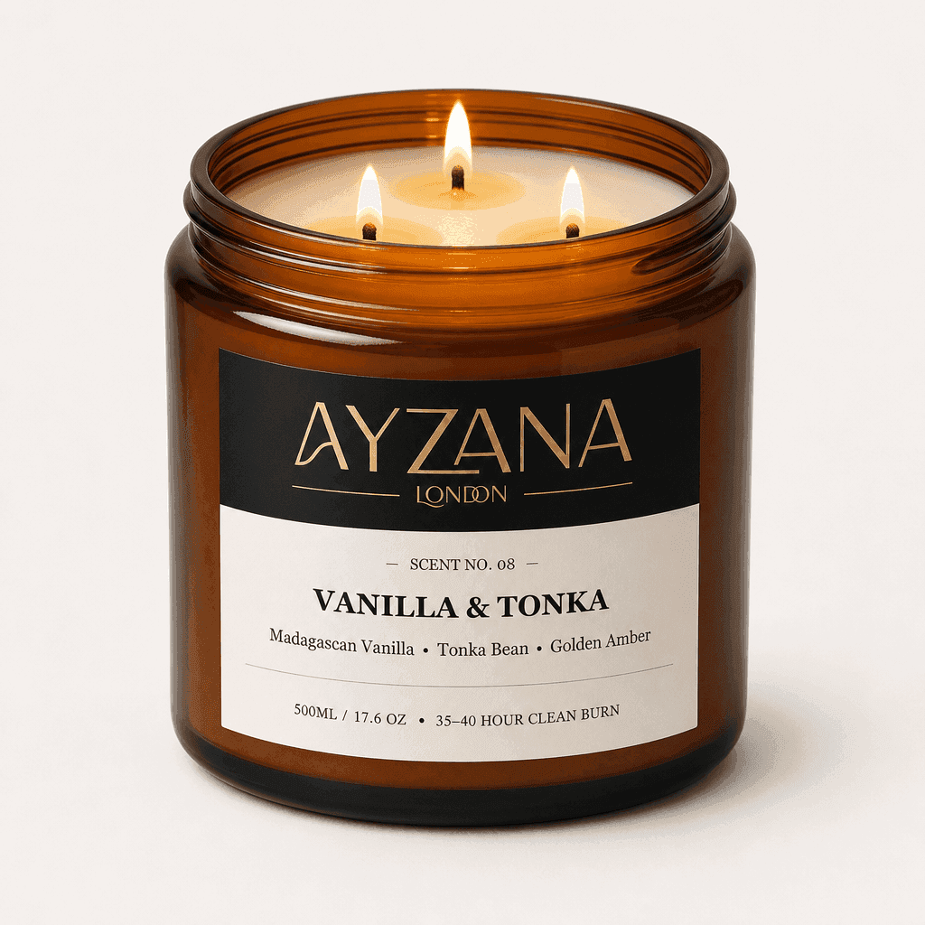 NO. 08 Vanilla & Tonka Luxury 500ml 3-Wick Amber Candle Bowl - AYZANA London