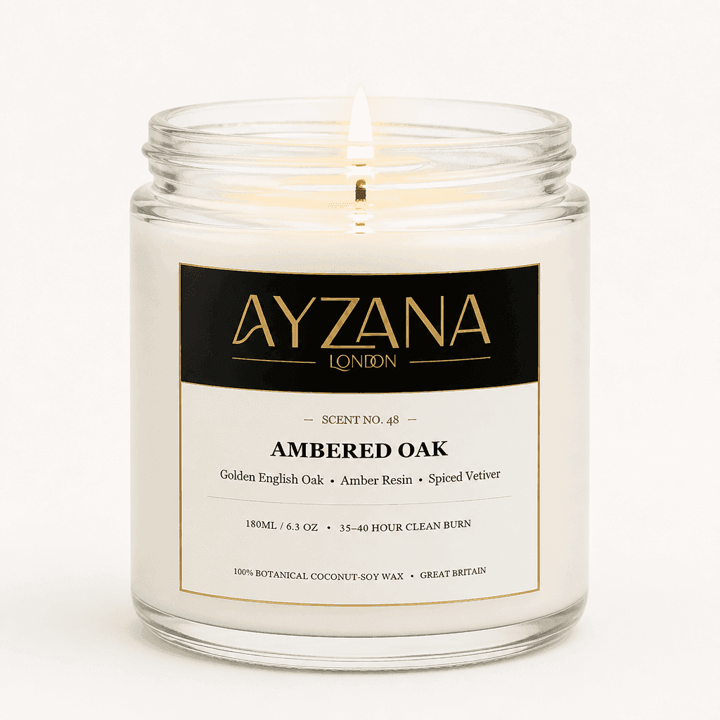 NO. 48 Ambered Oak Classic 190ml Clear Glass Jar Candle with Gold Lid - AYZANA London