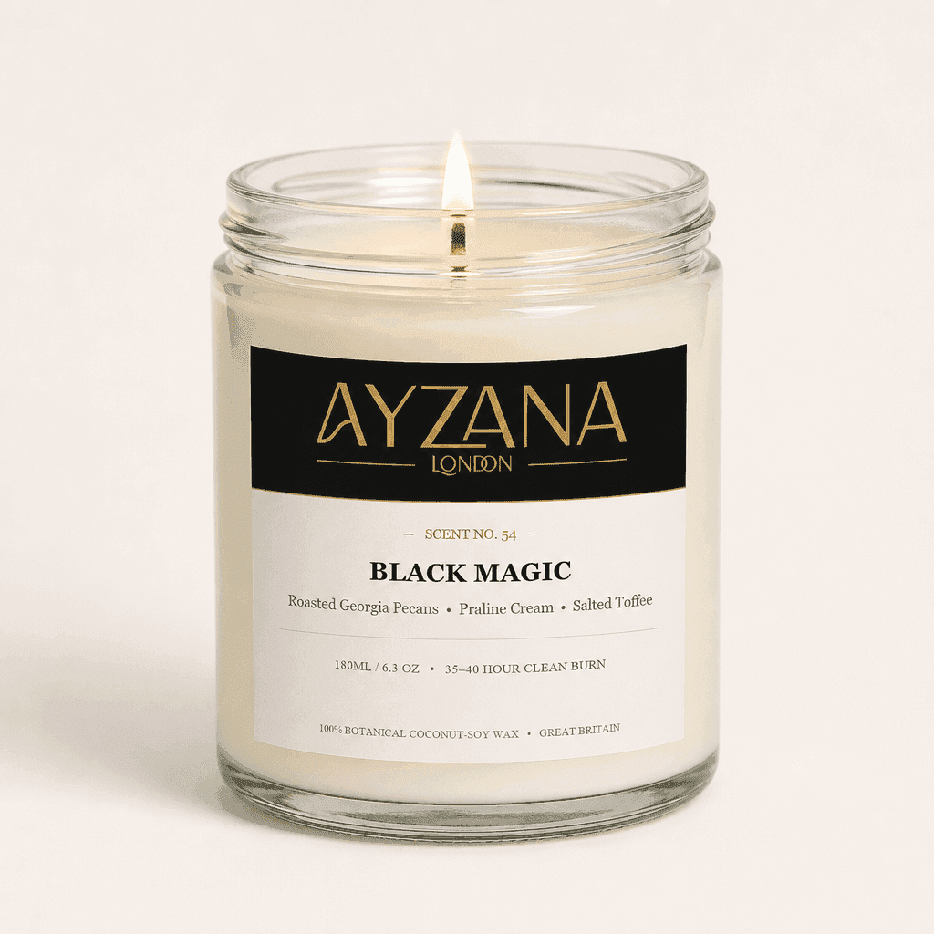NO. 54 Black Magic Classic 190ml Clear Glass Jar Candle with Gold Lid - AYZANA London