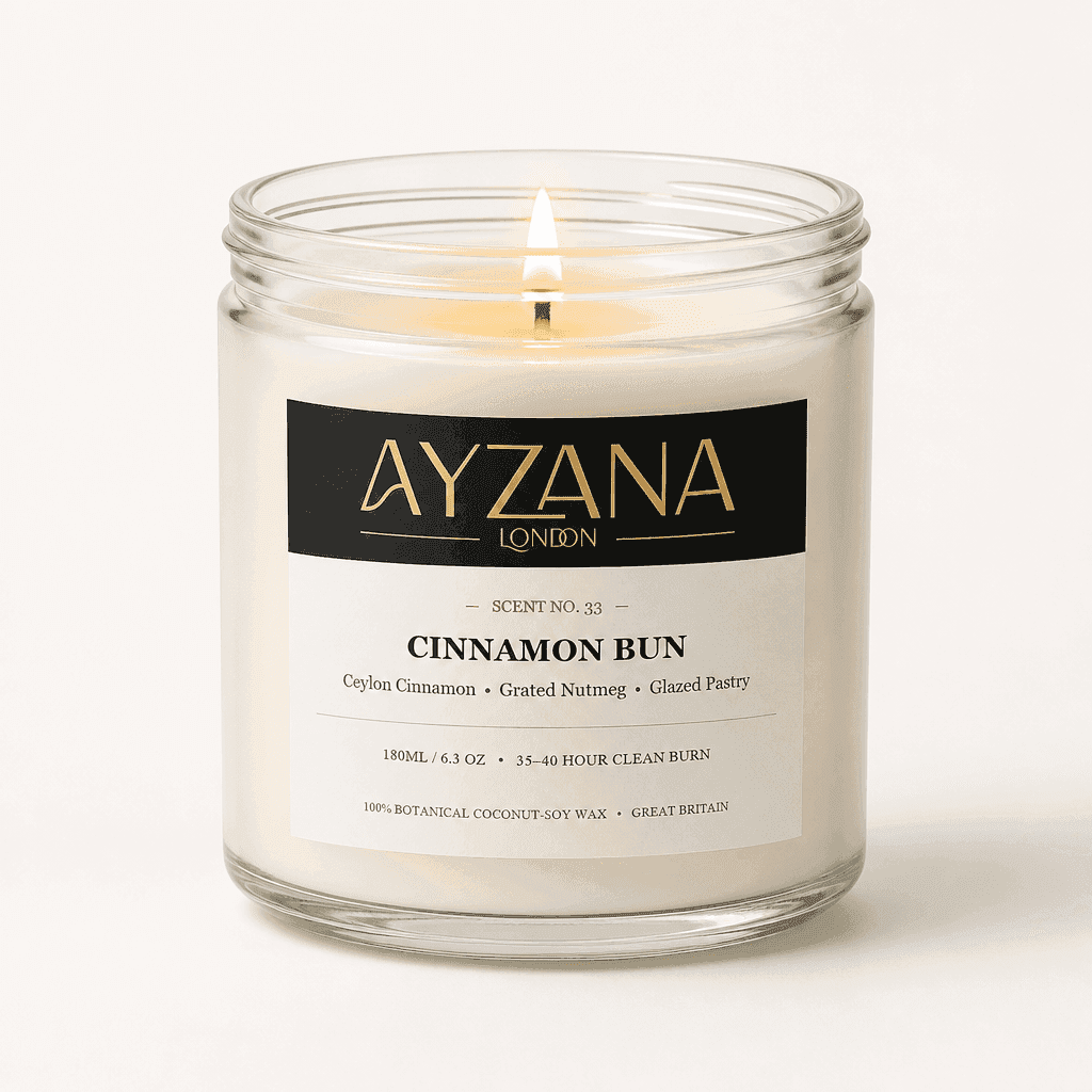 NO. 33 Cinnamon Bun Classic 190ml Clear Glass Jar Candle with Gold Lid - AYZANA London