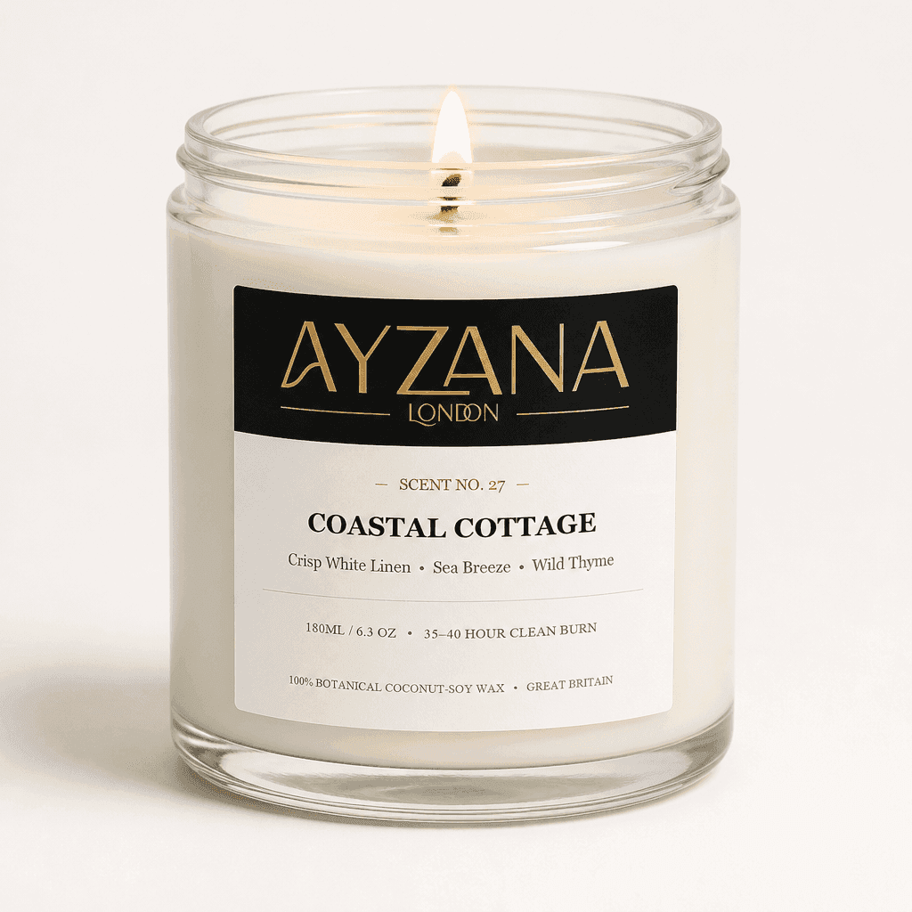 NO. 27 Coastal Cottage Classic 190ml Clear Glass Jar Candle with Gold Lid - AYZANA London