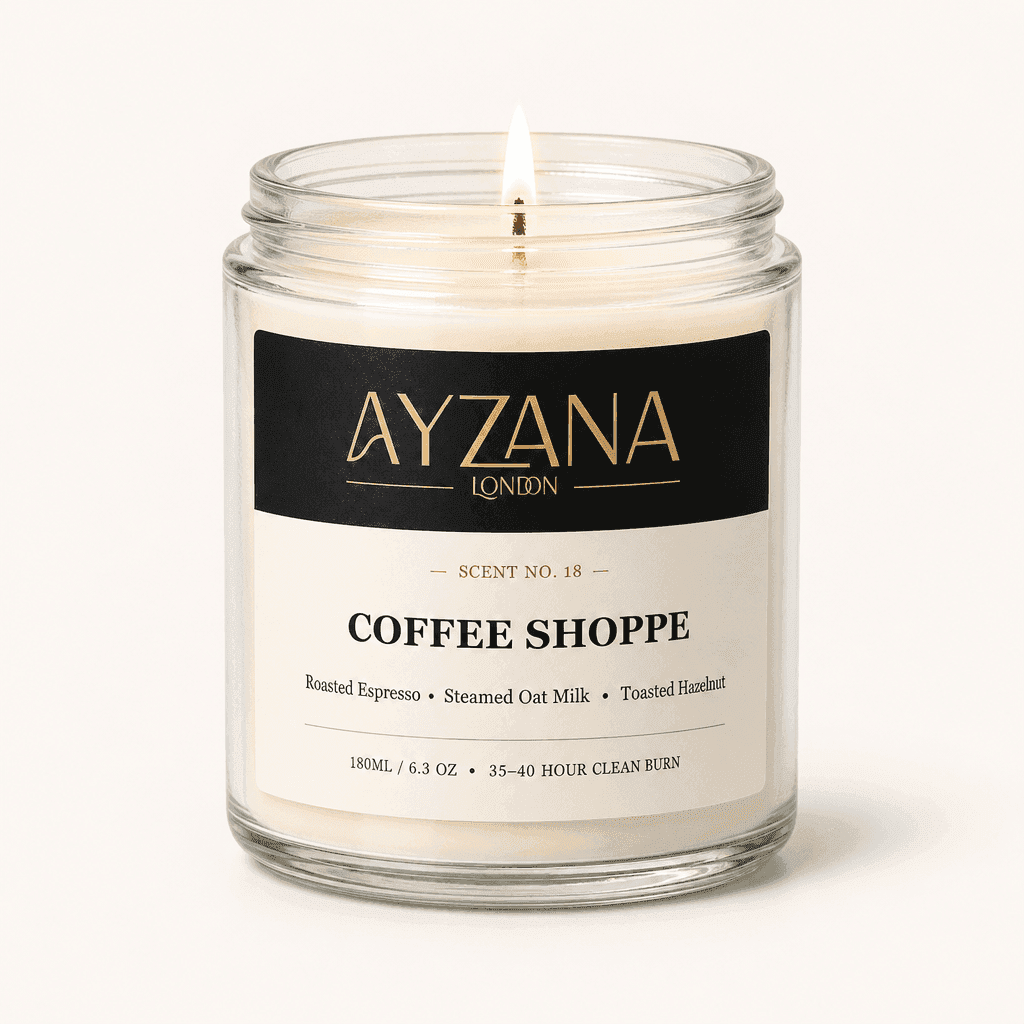 NO. 18 Coffee Shoppe Classic 190ml Clear Glass Jar Candle with Gold Lid - AYZANA London