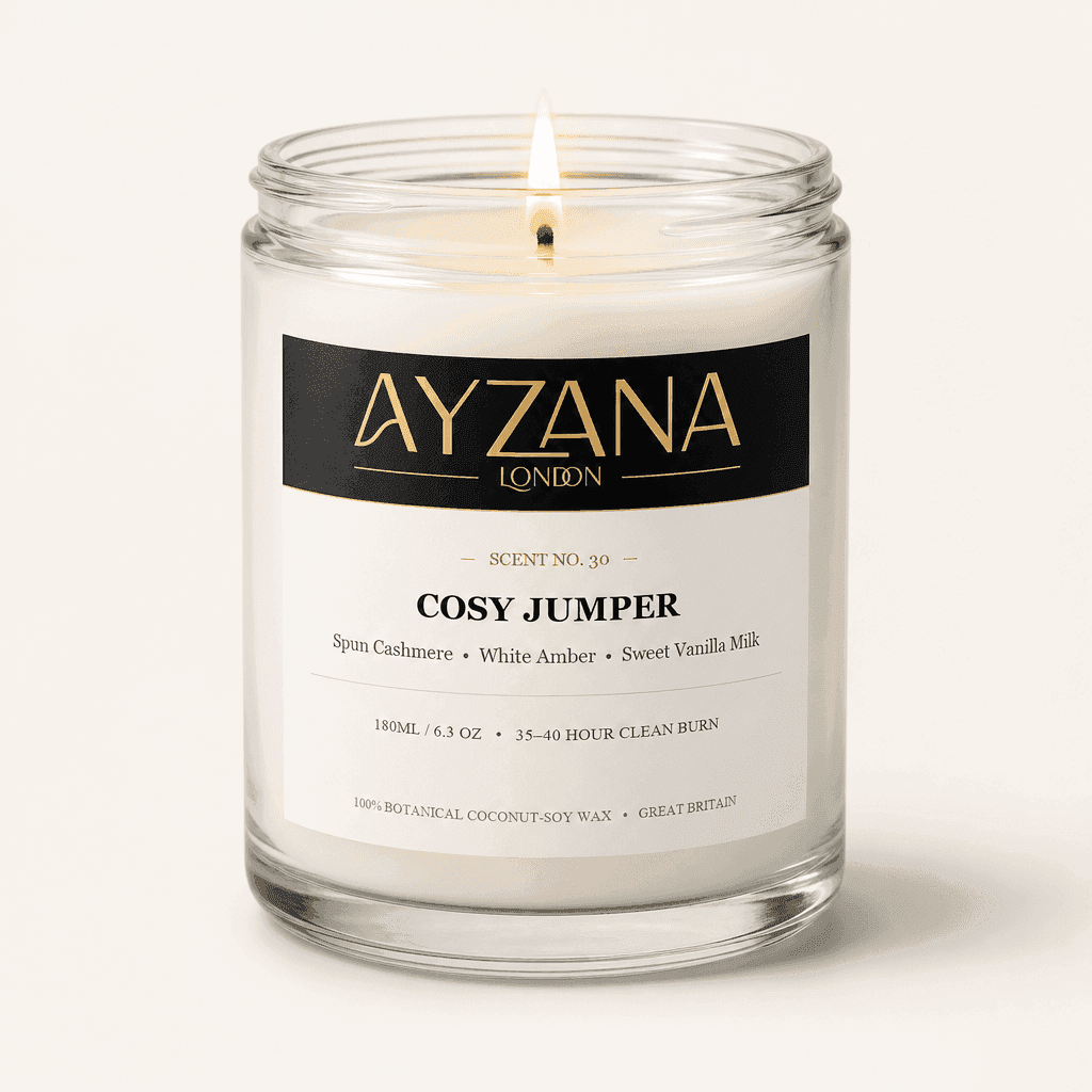 NO. 30 Cosy Jumper Classic 190ml Clear Glass Jar Candle with Gold Lid - AYZANA London