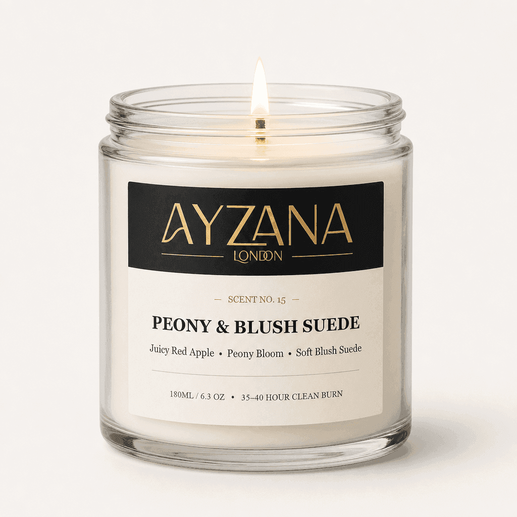 NO. 15 Peony & Blush Suede Classic 190ml Clear Glass Jar Candle with Gold Lid - AYZANA London