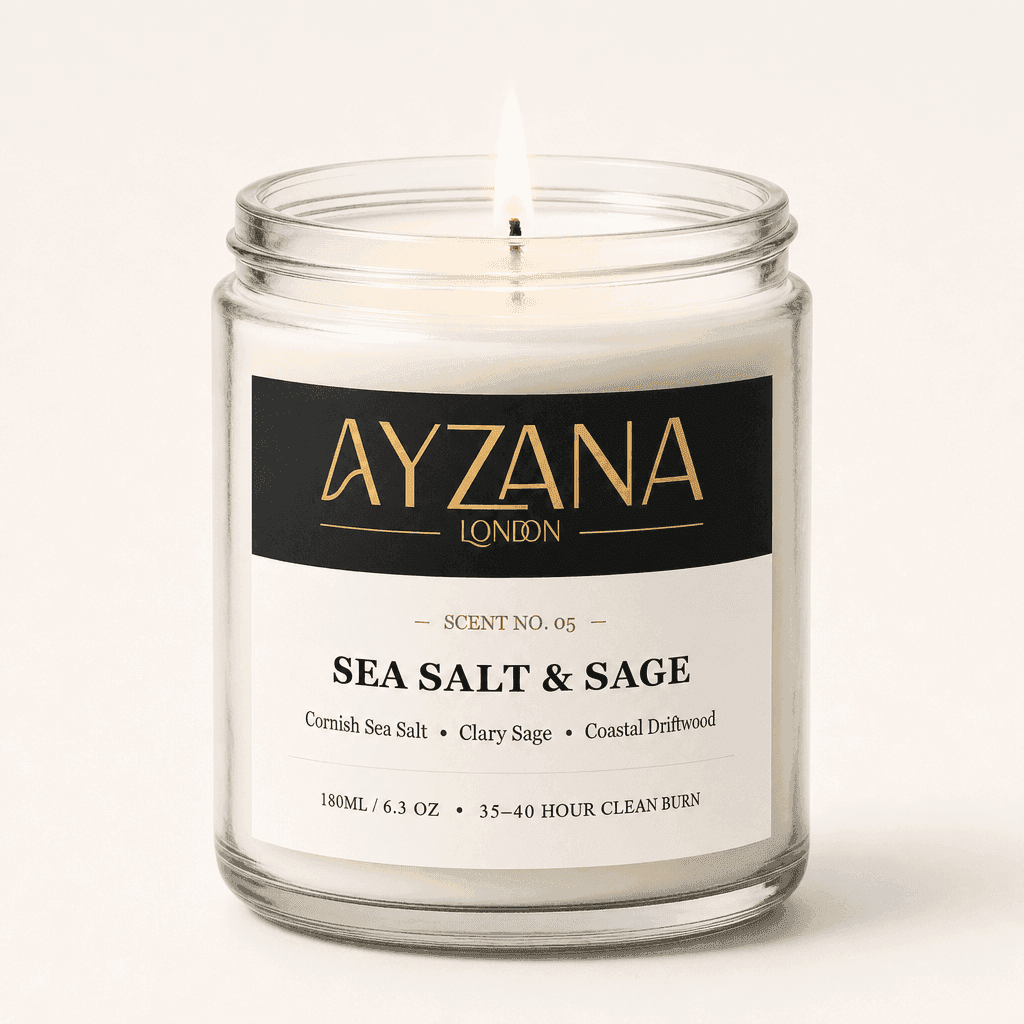 NO. 05 Sea Salt & Sage Classic 190ml Clear Glass Jar Candle with Gold Lid - AYZANA London