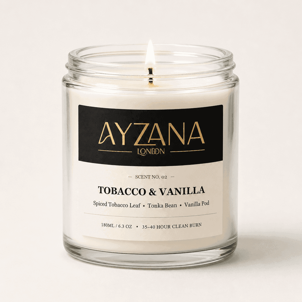 NO. 02 Tobacco & Vanilla Classic 190ml Clear Glass Jar Candle with Gold Lid - AYZANA London