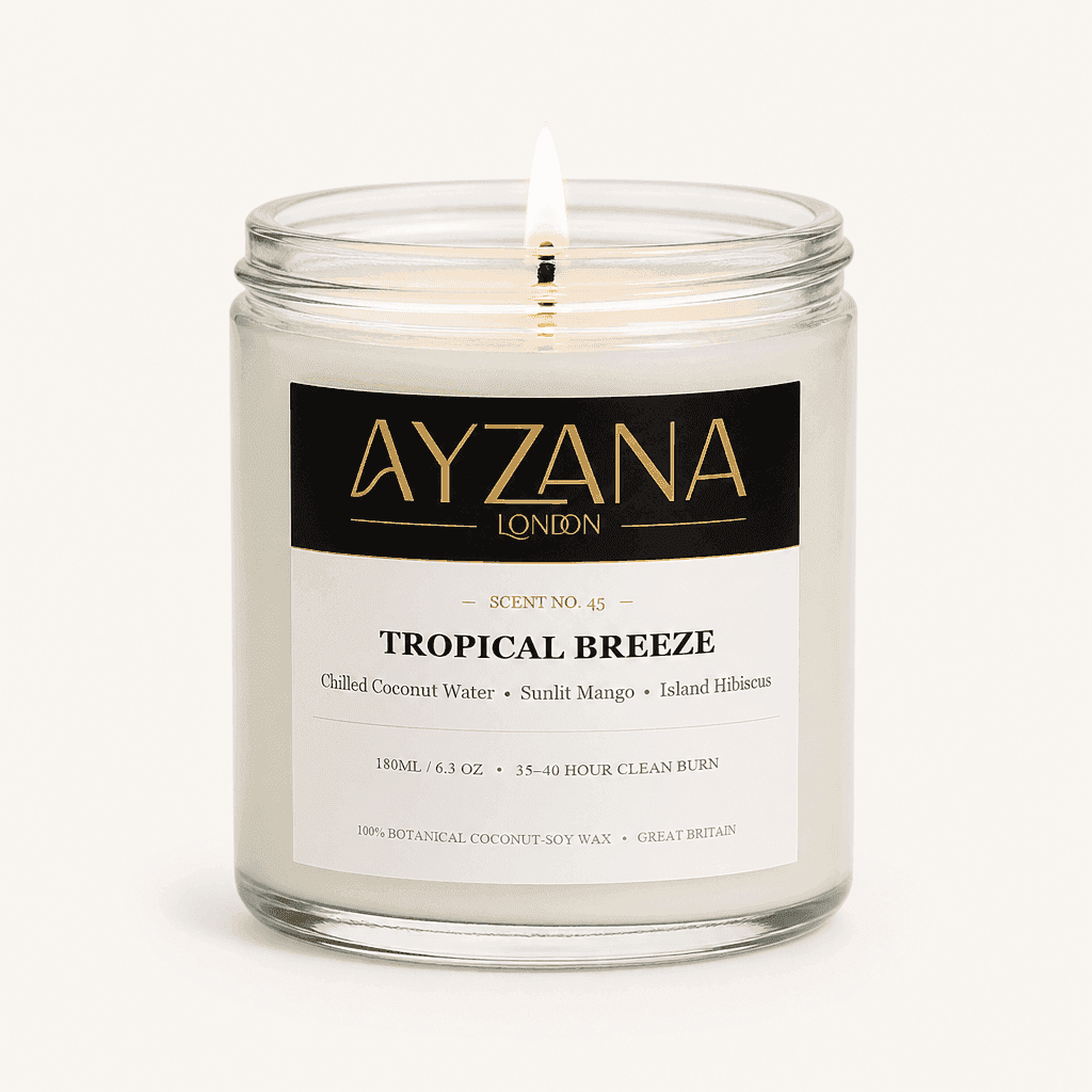 NO. 45 Tropical Breeze Classic 190ml Clear Glass Jar Candle with Gold Lid - AYZANA London