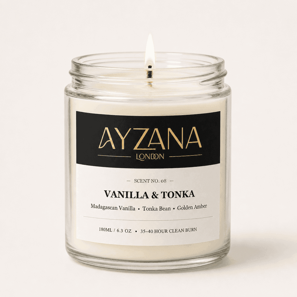 NO. 08 Vanilla & Tonka Classic 190ml Clear Glass Jar Candle with Gold Lid - AYZANA London