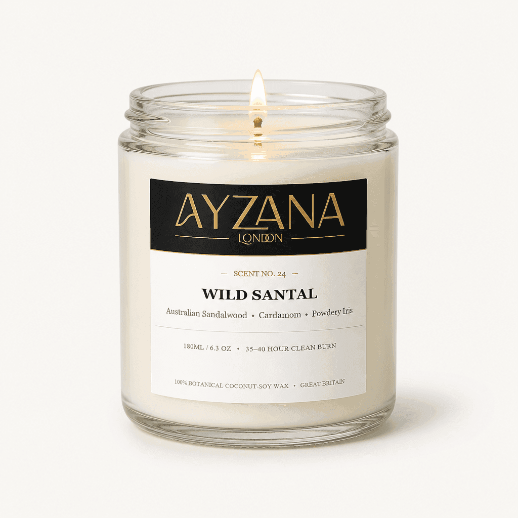 NO. 24 Wild Santal Classic 190ml Clear Glass Jar Candle with Gold Lid - AYZANA London
