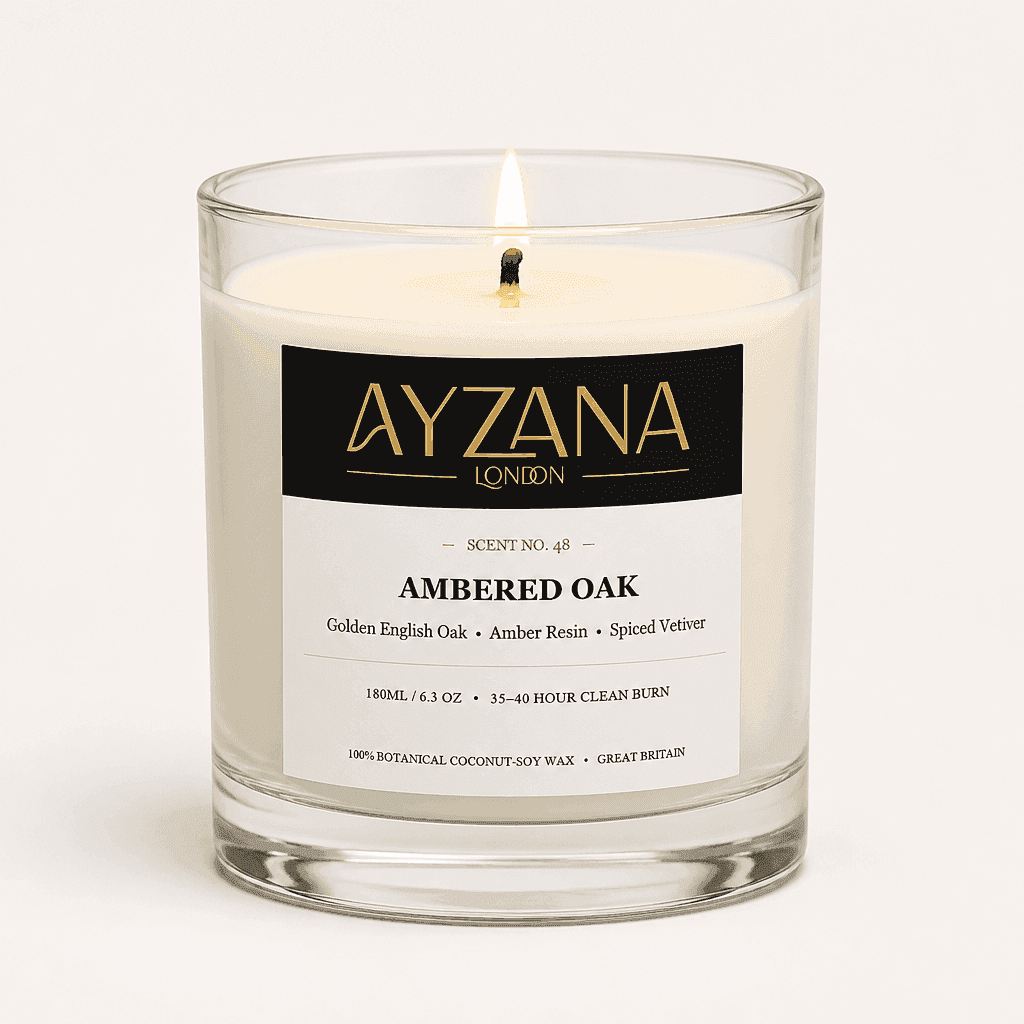 NO. 48 Ambered Oak Modern 200ml Clear Curved Glass Vessel Candle - AYZANA London