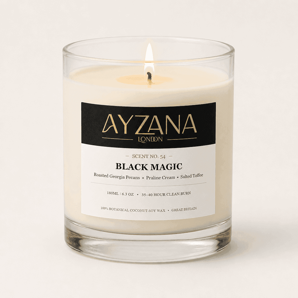 NO. 54 Black Magic Modern 200ml Clear Curved Glass Vessel Candle - AYZANA London