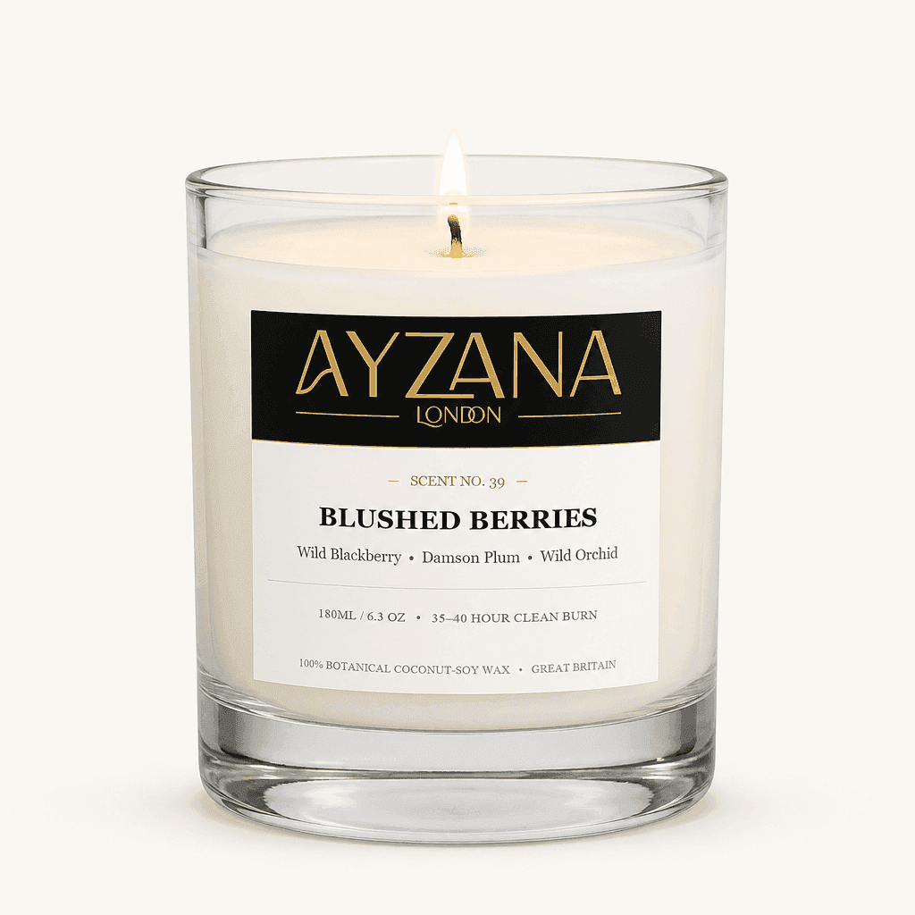 NO. 39 Blushed Berries Modern 200ml Clear Curved Glass Vessel Candle - AYZANA London