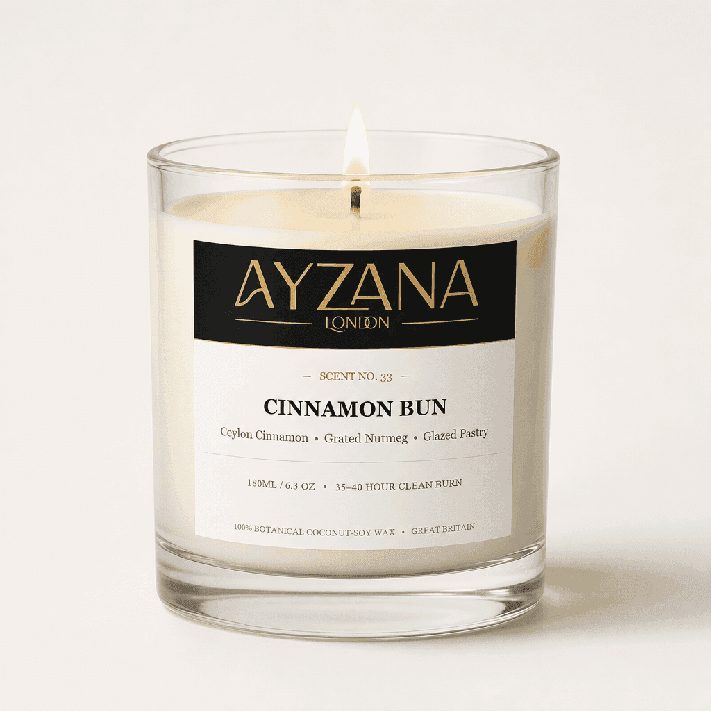 NO. 33 Cinnamon Bun Modern 200ml Clear Curved Glass Vessel Candle - AYZANA London