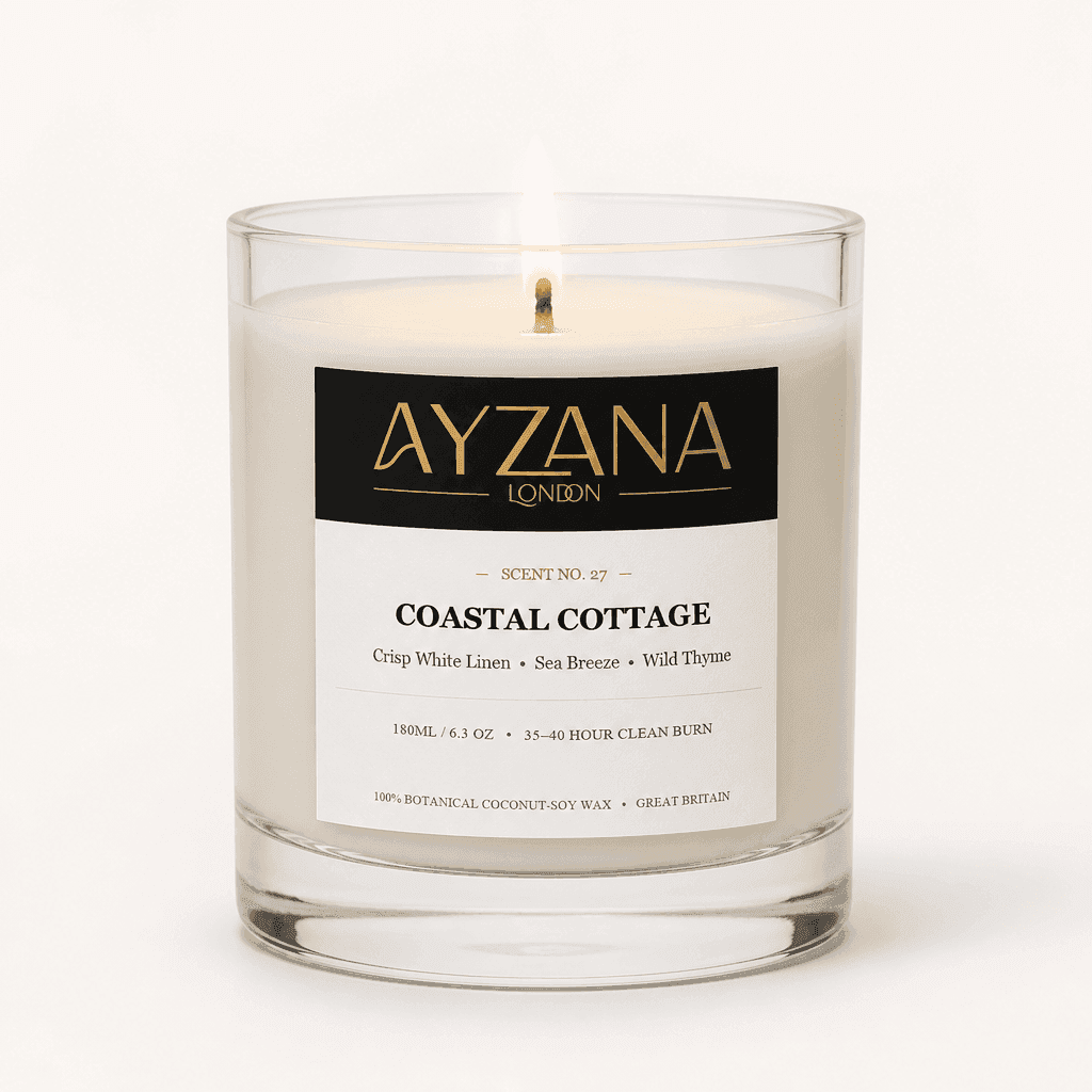 NO. 27 Coastal Cottage Modern 200ml Clear Curved Glass Vessel Candle - AYZANA London