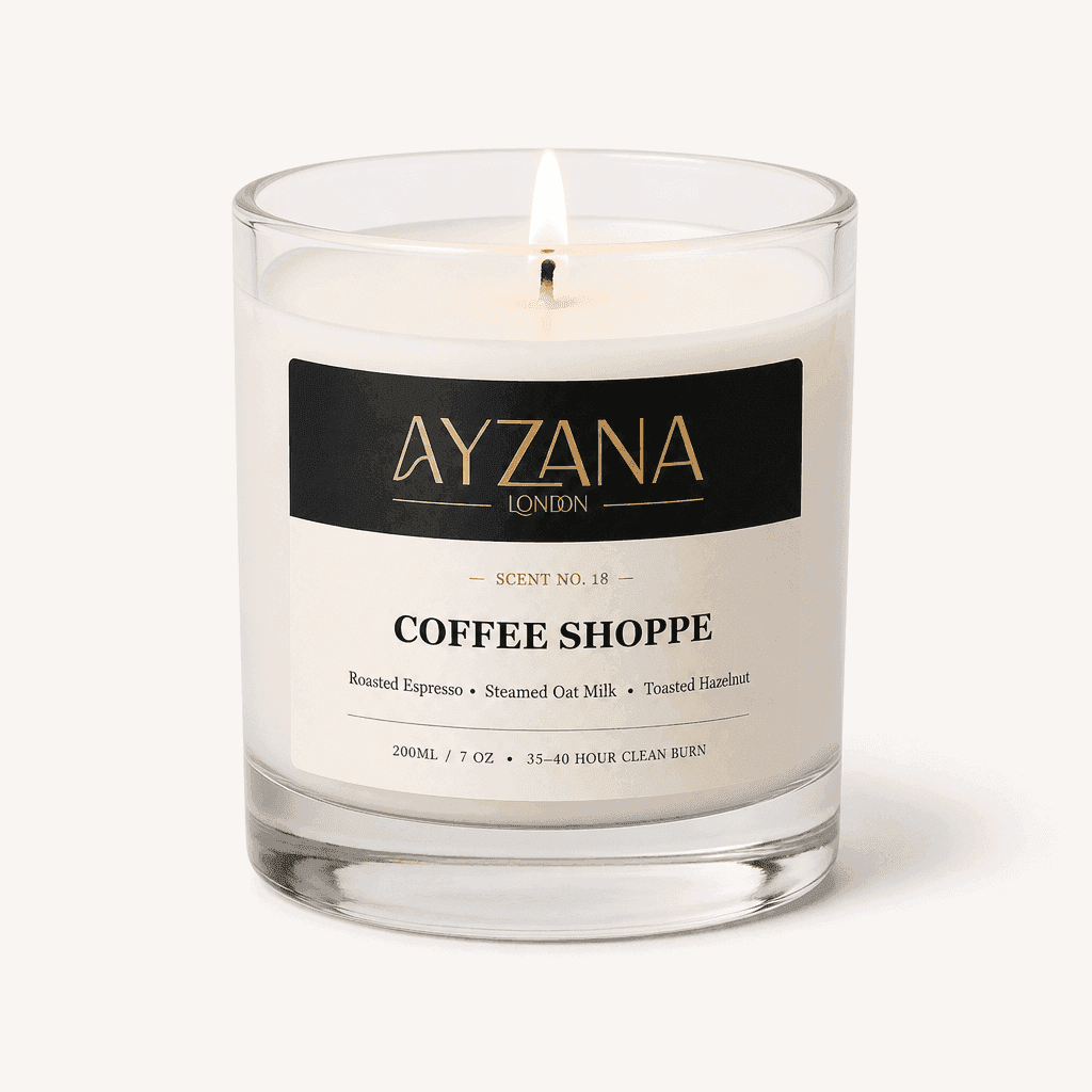NO. 18 Coffee Shoppe Modern 200ml Clear Curved Glass Vessel Candle - AYZANA London