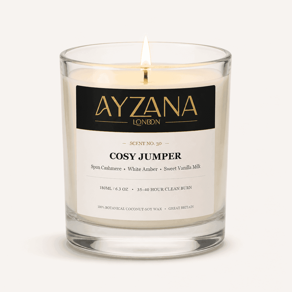 NO. 30 Cosy Jumper Modern 200ml Clear Curved Glass Vessel Candle - AYZANA London