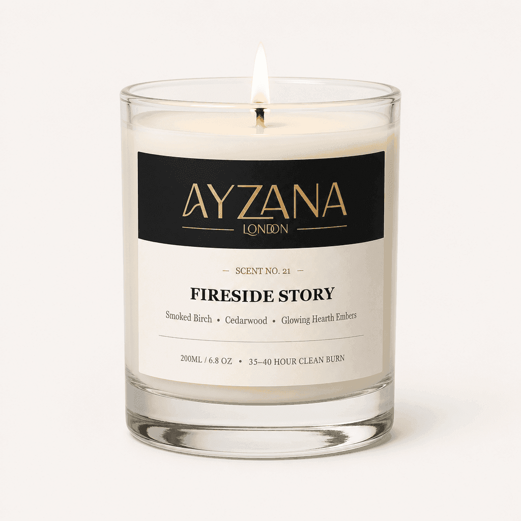 NO. 21 Fireside Story Modern 200ml Clear Curved Glass Vessel Candle - AYZANA London