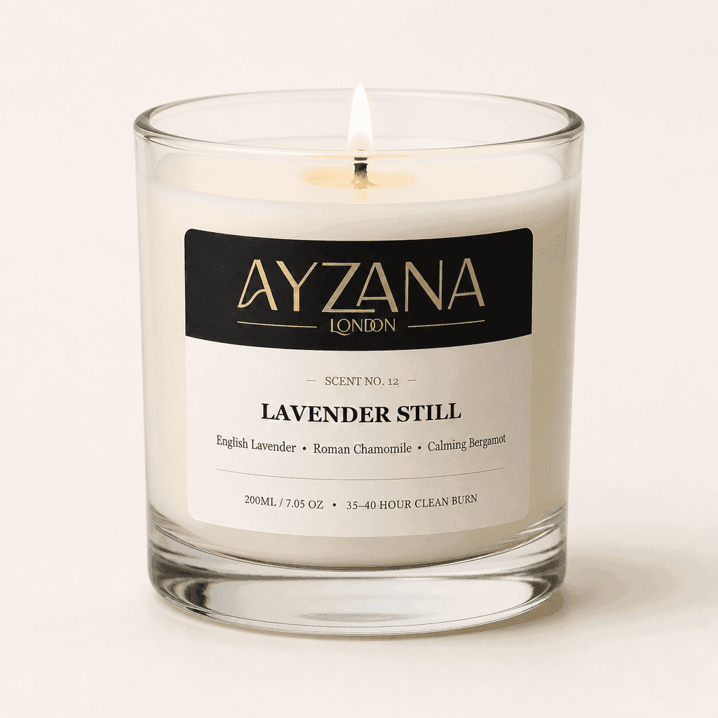 NO. 12 Lavender Still Modern 200ml Clear Curved Glass Vessel Candle - AYZANA London