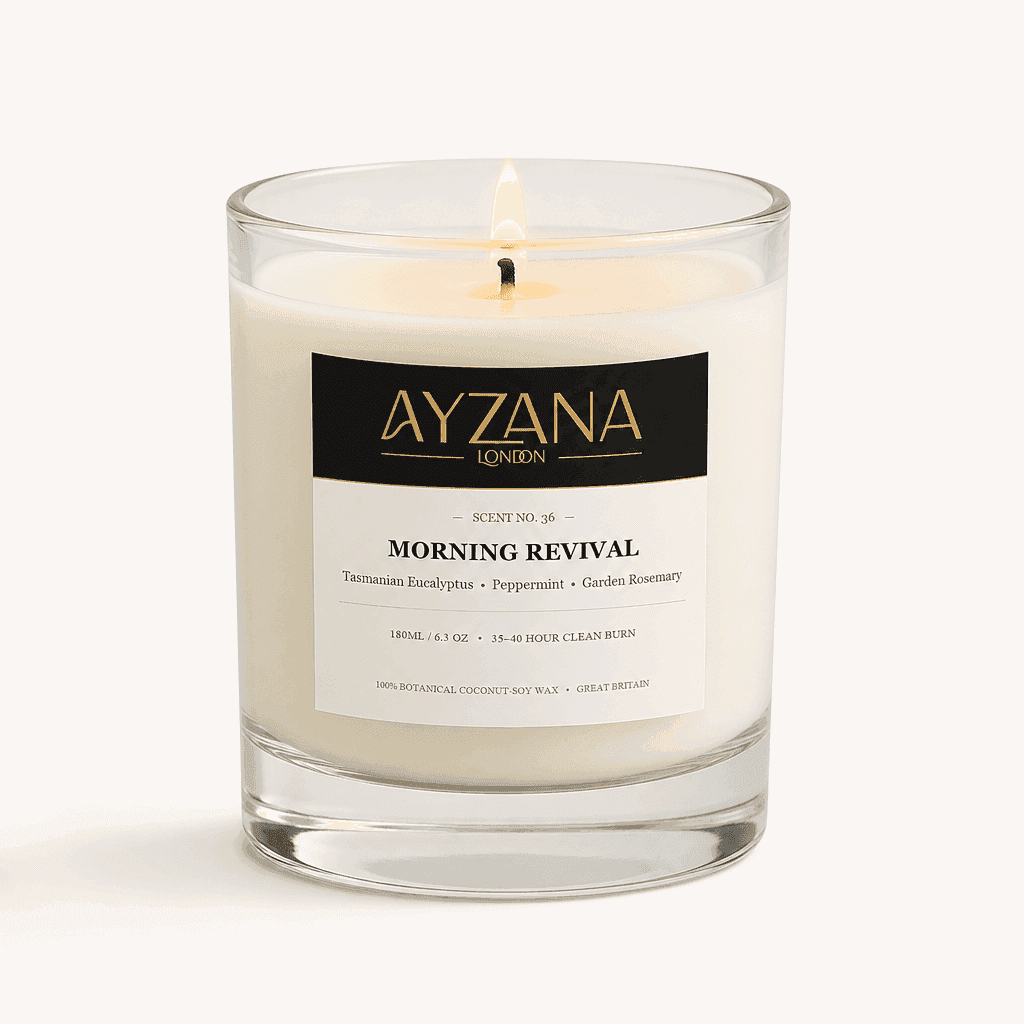 NO. 36 Morning Revival Modern 200ml Clear Curved Glass Vessel Candle - AYZANA London