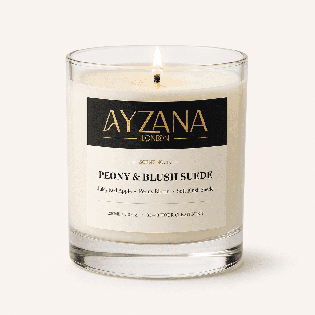 NO. 15 Peony & Blush Suede Modern 200ml Clear Curved Glass Vessel Candle - AYZANA London