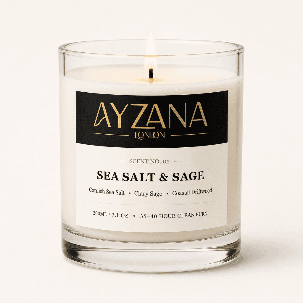NO. 05 Sea Salt & Sage Modern 200ml Clear Curved Glass Vessel Candle - AYZANA London