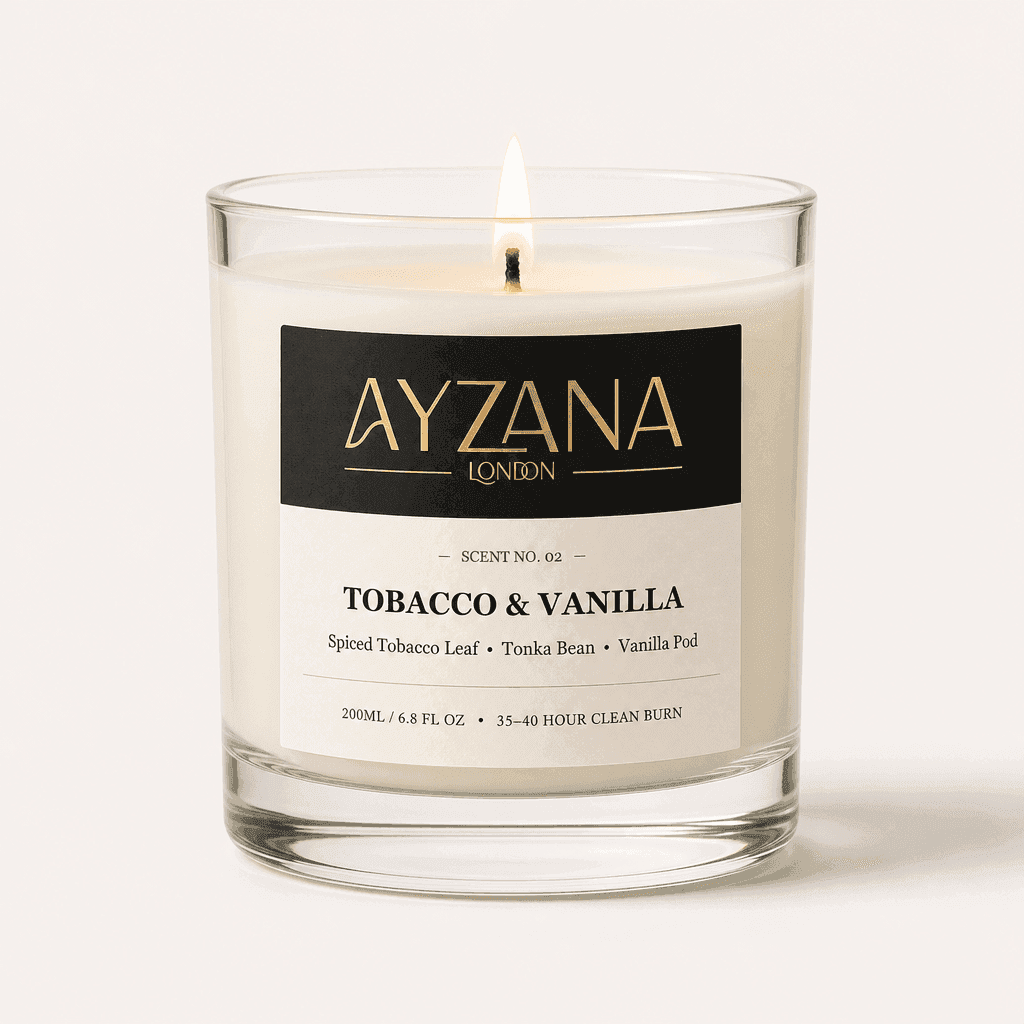 NO. 02 Tobacco & Vanilla Modern 200ml Clear Curved Glass Vessel Candle - AYZANA London