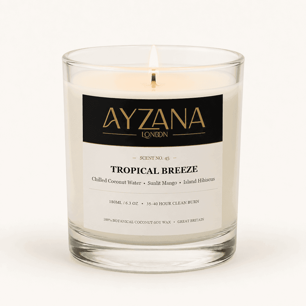 NO. 45 Tropical Breeze Modern 200ml Clear Curved Glass Vessel Candle - AYZANA London