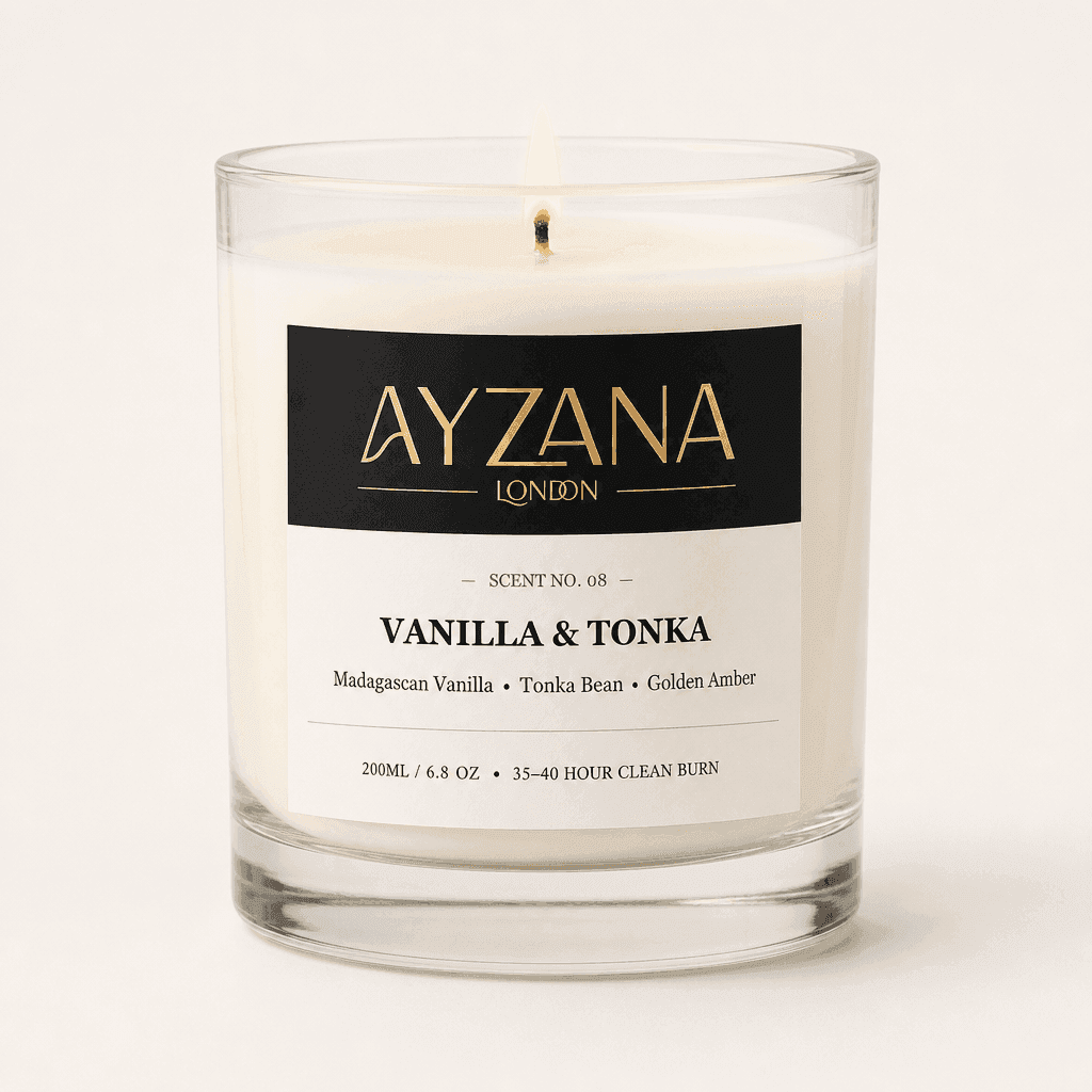 NO. 08 Vanilla & Tonka Modern 200ml Clear Curved Glass Vessel Candle - AYZANA London