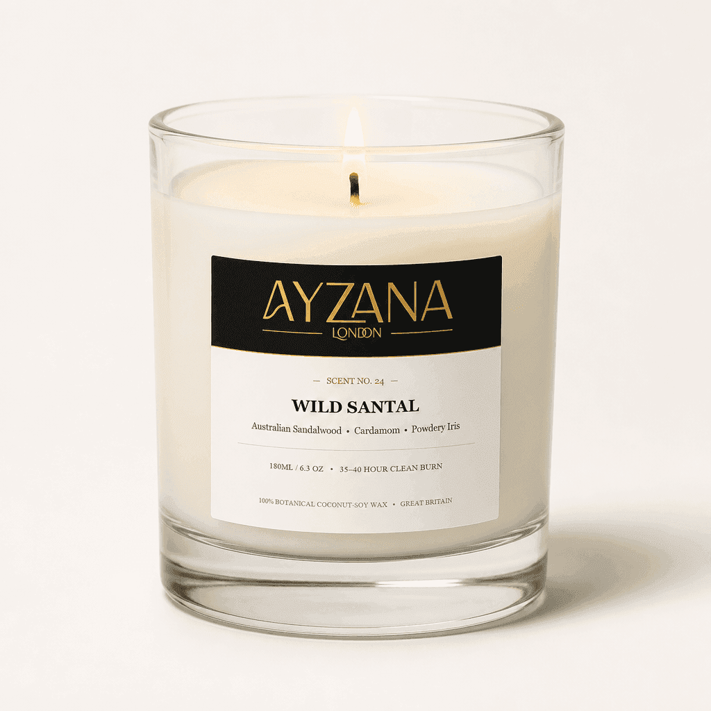 NO. 24 Wild Santal Modern 200ml Clear Curved Glass Vessel Candle - AYZANA London