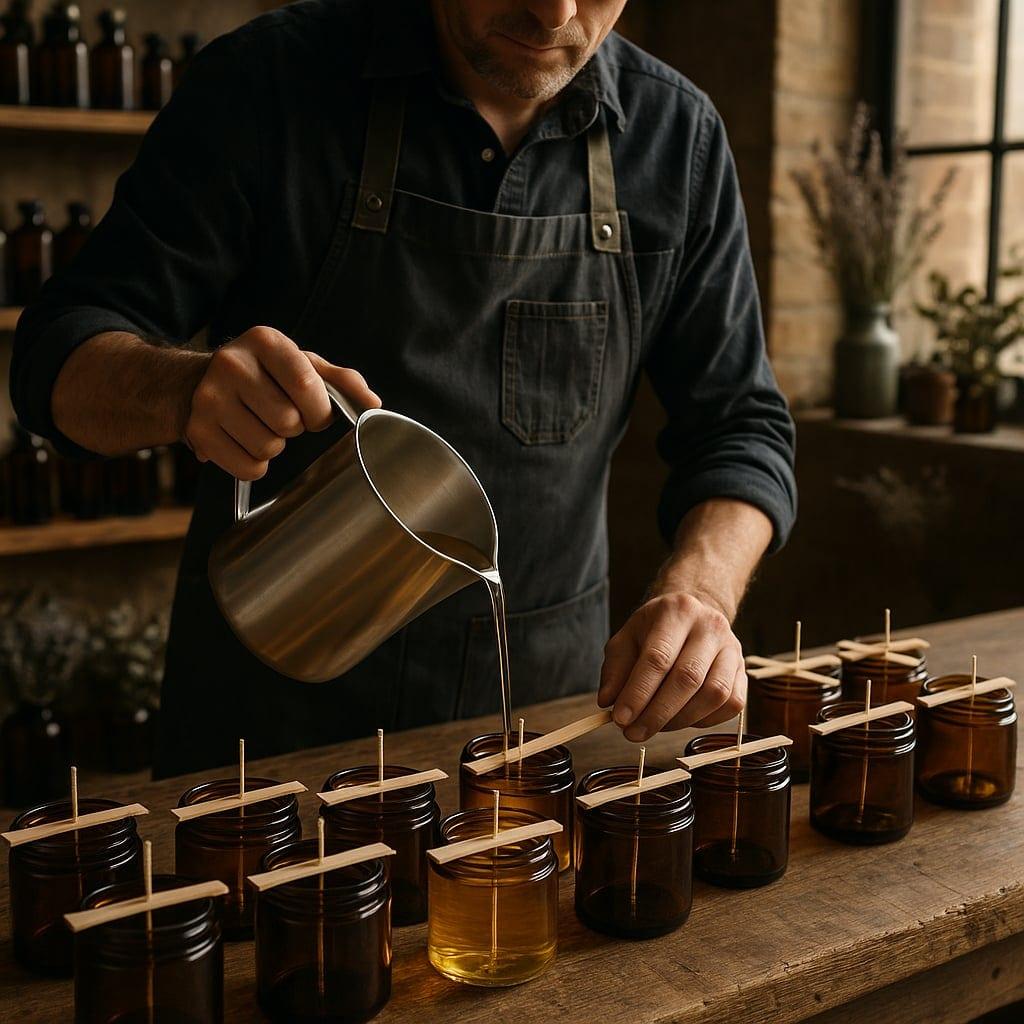 Hand pouring wax into glass jars