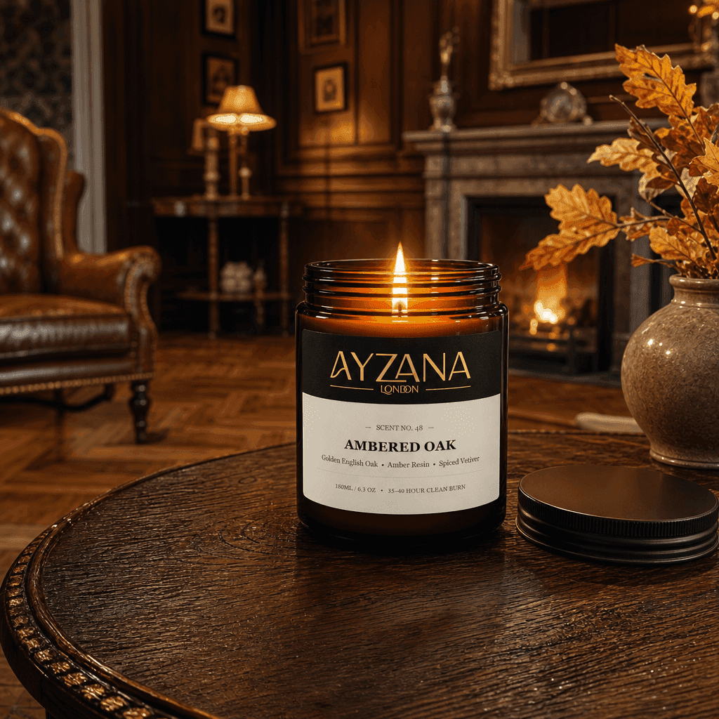 NO. 48 Ambered Oak Hand-Poured Botanical Soy Candle Townhouse Atmosphere - AYZANA London