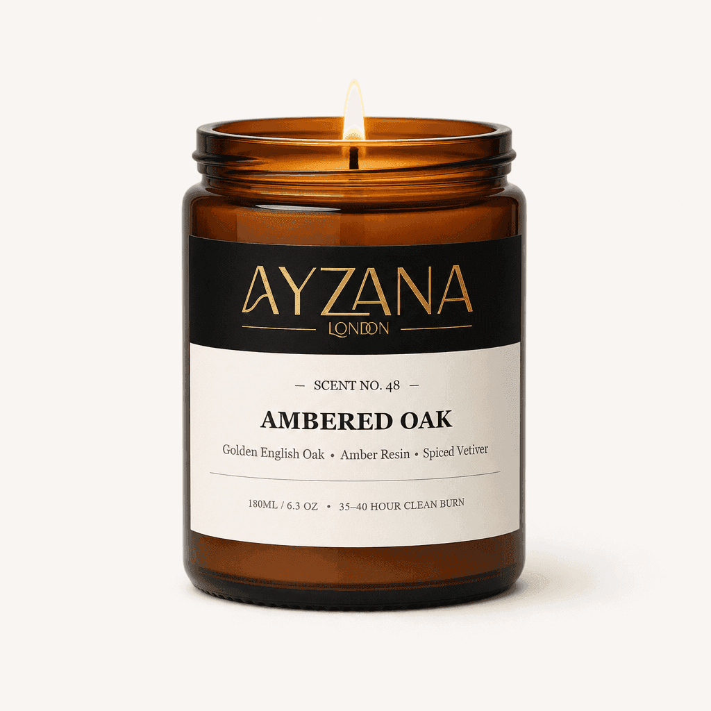 NO. 48 Ambered Oak Hand-Poured Natural Soy Candle Amber Apothecary Glass Jar - AYZANA London