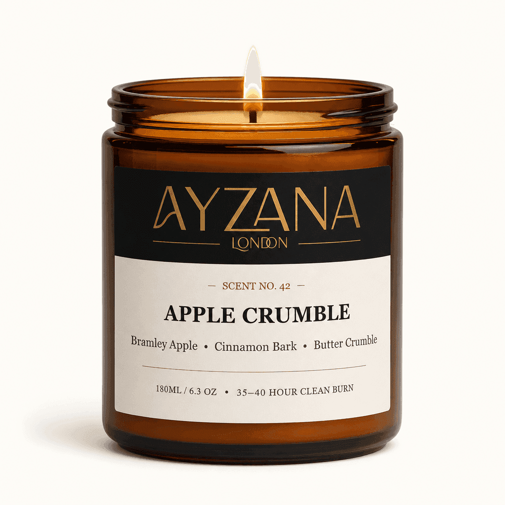 NO. 42 Apple Crumble Hand-Poured Natural Soy Candle Amber Apothecary Glass Jar - AYZANA London