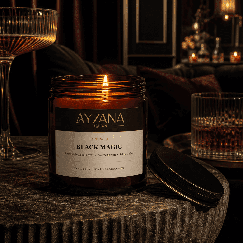 NO. 54 Black Magic Hand-Poured Botanical Soy Candle Townhouse Atmosphere - AYZANA London