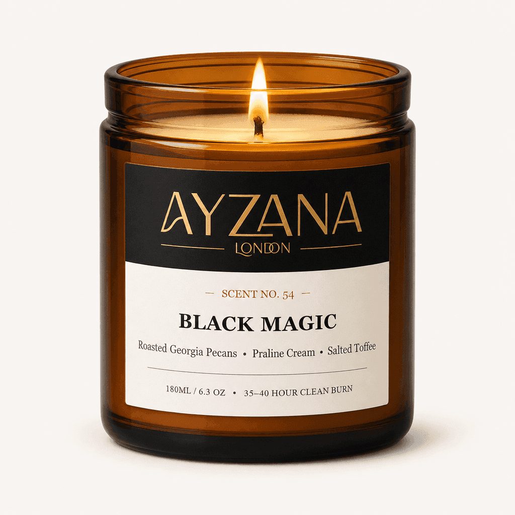 NO. 54 Black Magic Hand-Poured Natural Soy Candle Amber Apothecary Glass Jar - AYZANA London