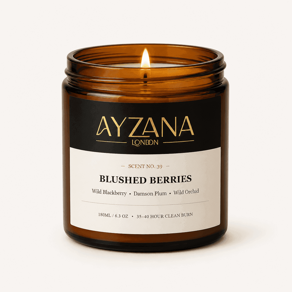 NO. 39 Blushed Berries Hand-Poured Natural Soy Candle Amber Apothecary Glass Jar - AYZANA London