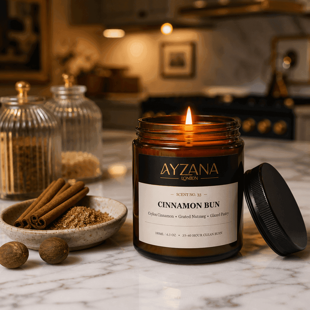 NO. 33 Cinnamon Bun Hand-Poured Botanical Soy Candle Townhouse Atmosphere - AYZANA London