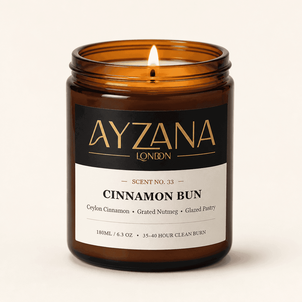 NO. 33 Cinnamon Bun Hand-Poured Natural Soy Candle Amber Apothecary Glass Jar - AYZANA London