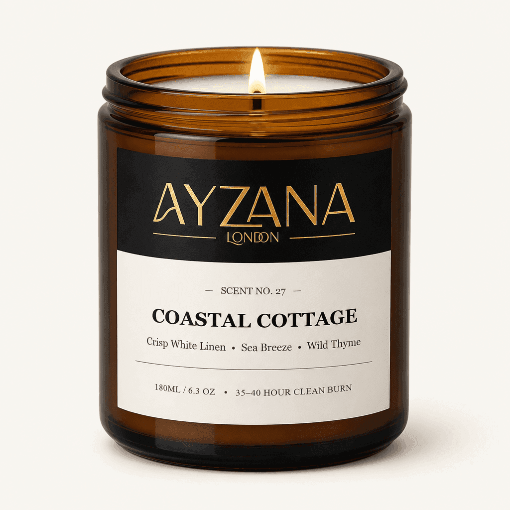 NO. 27 Coastal Cottage Hand-Poured Natural Soy Candle Amber Apothecary Glass Jar - AYZANA London