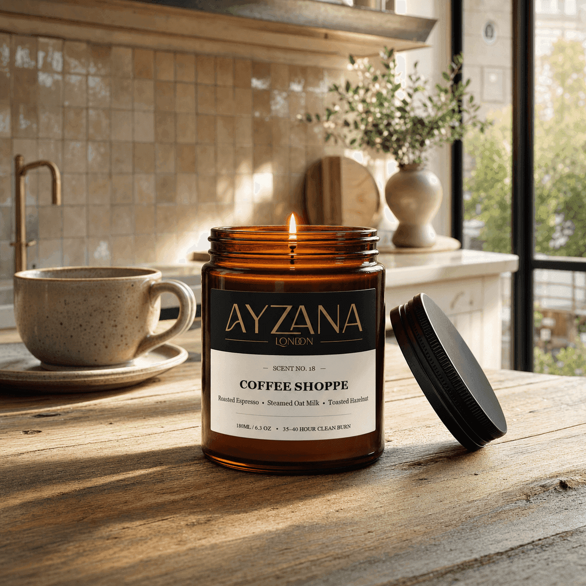 NO. 18 Coffee Shoppe Hand-Poured Botanical Soy Candle Townhouse Atmosphere - AYZANA London