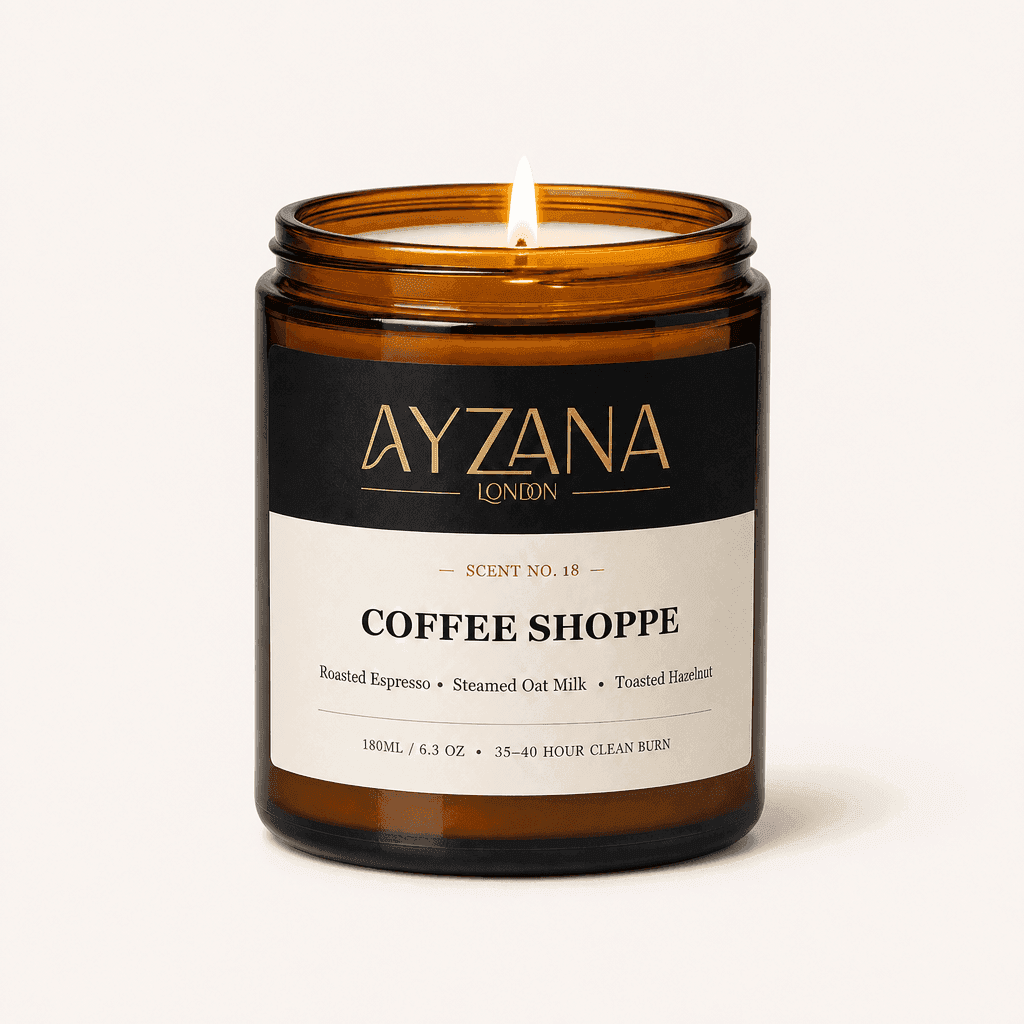 NO. 18 Coffee Shoppe Hand-Poured Natural Soy Candle Amber Apothecary Glass Jar - AYZANA London