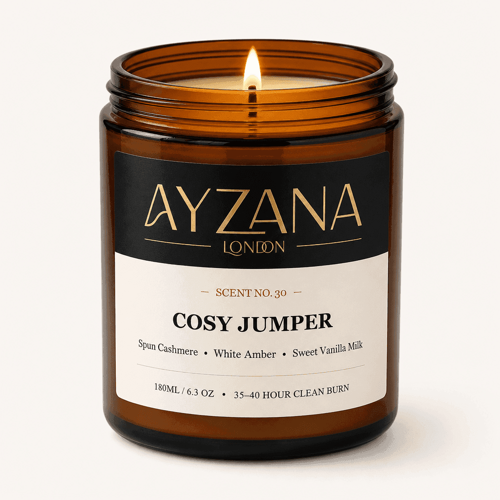 NO. 30 Cosy Jumper Hand-Poured Natural Soy Candle Amber Apothecary Glass Jar - AYZANA London