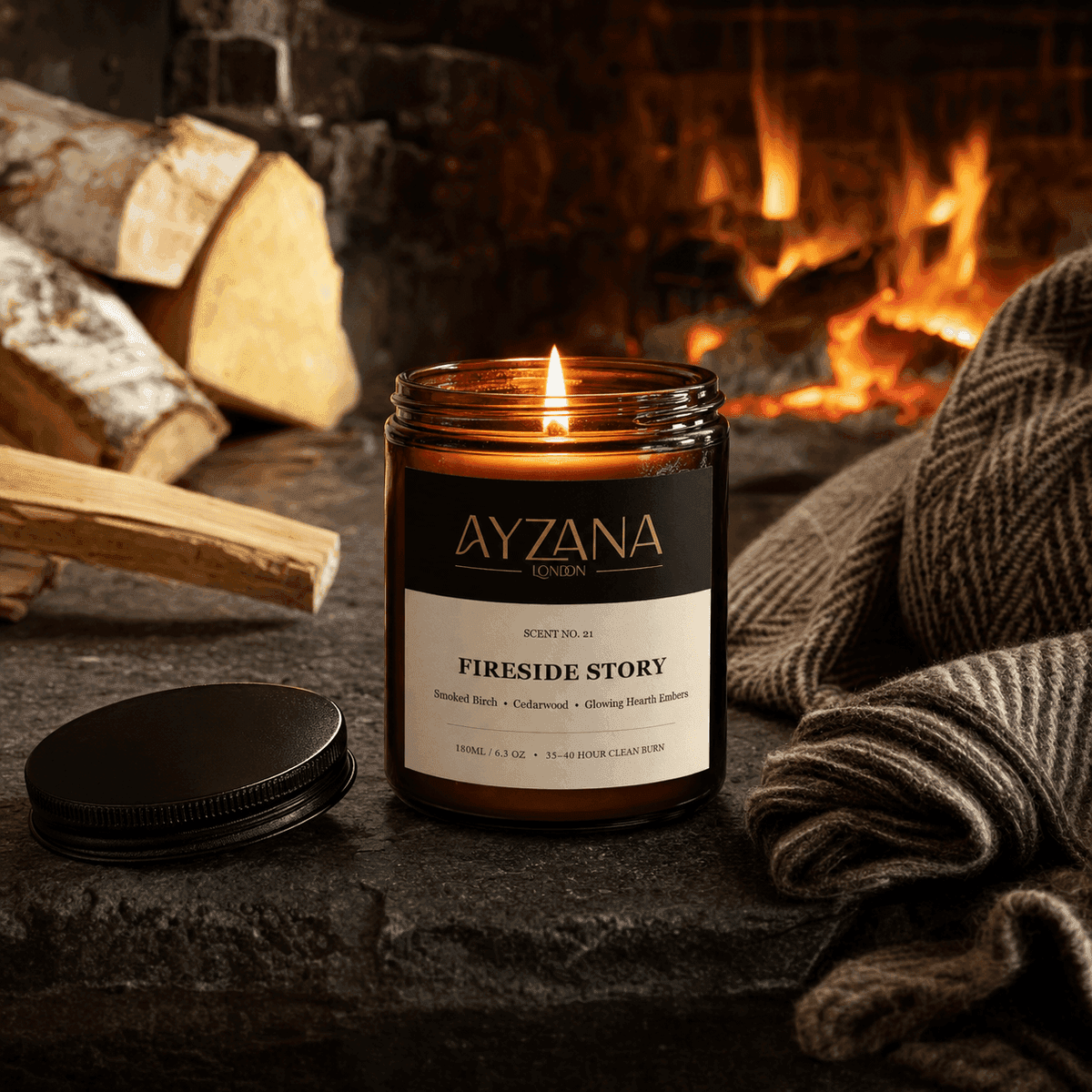 NO. 21 Fireside Story Hand-Poured Botanical Soy Candle Townhouse Atmosphere - AYZANA London