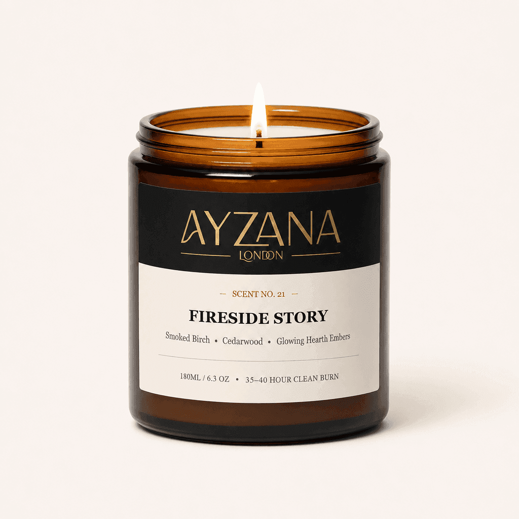 NO. 21 Fireside Story Hand-Poured Natural Soy Candle Amber Apothecary Glass Jar - AYZANA London
