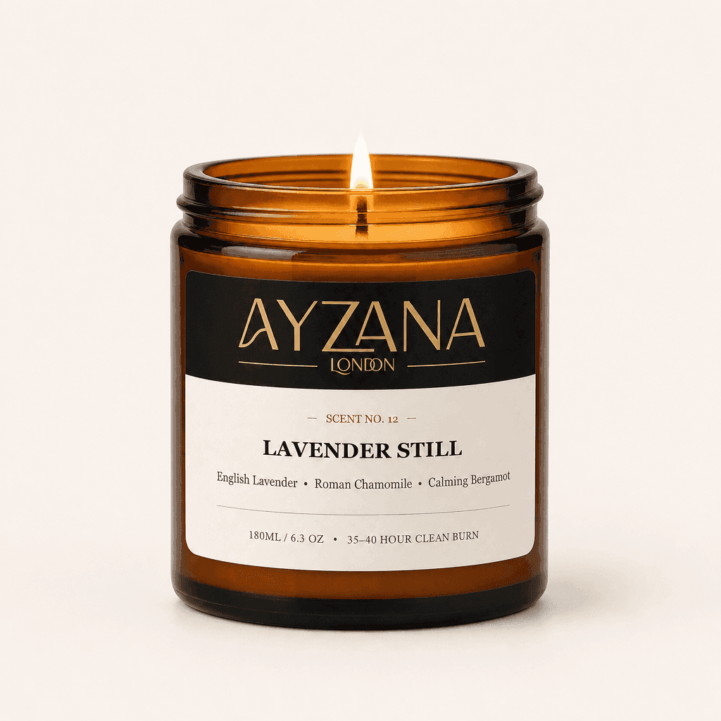 NO. 12 Lavender Still Hand-Poured Natural Soy Candle Amber Apothecary Glass Jar - AYZANA London