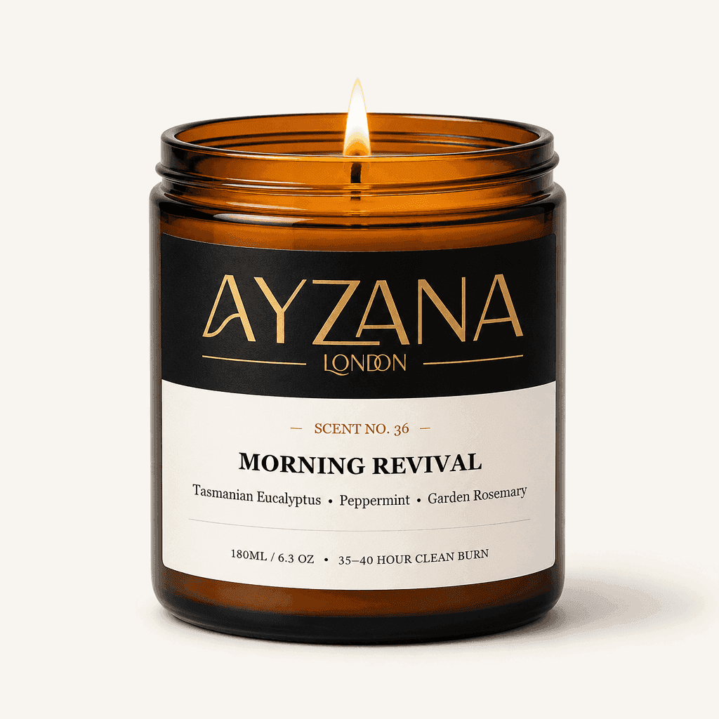 NO. 36 Morning Revival Hand-Poured Natural Soy Candle Amber Apothecary Glass Jar - AYZANA London