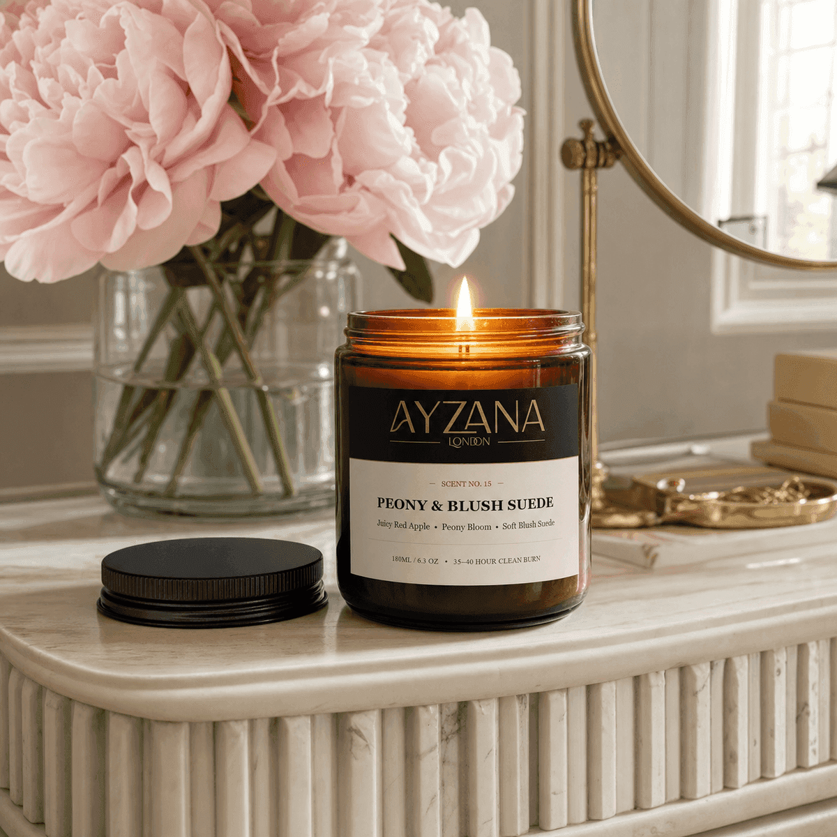NO. 15 Peony & Blush Suede Hand-Poured Botanical Soy Candle Townhouse Atmosphere - AYZANA London