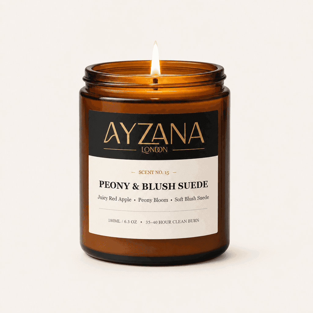 NO. 15 Peony & Blush Suede Hand-Poured Natural Soy Candle Amber Apothecary Glass Jar - AYZANA London